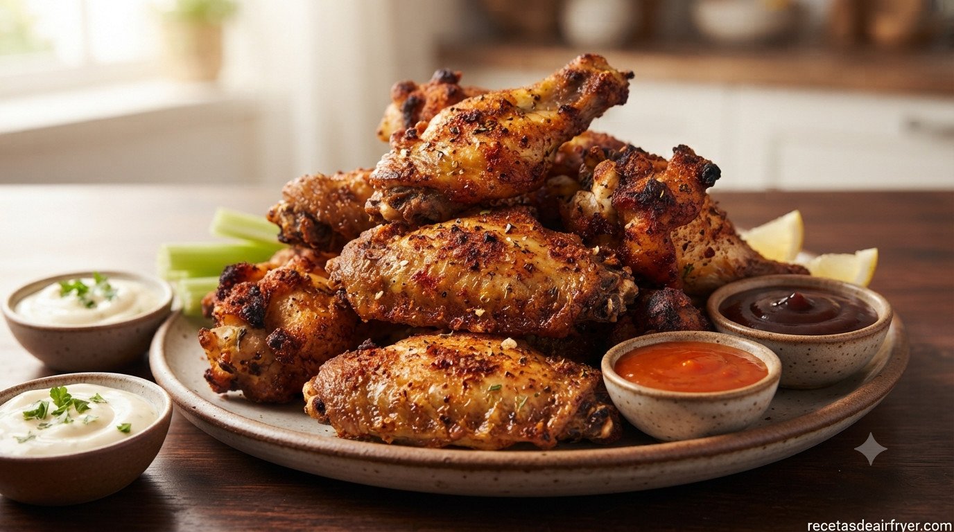 Alitas de pollo servidas en mesa con salsas variadas para mojar