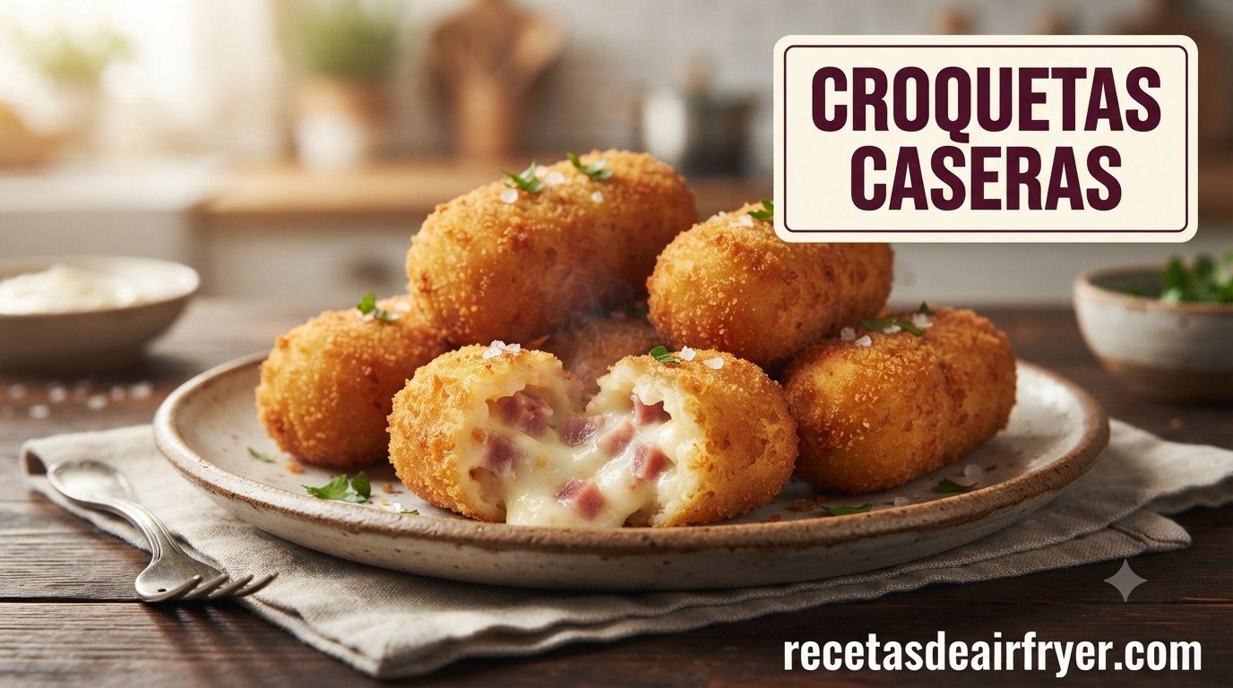 Croquetas caseras de jamón en freidora de aire doradas y crujientes, corte mostrando el interior cremoso