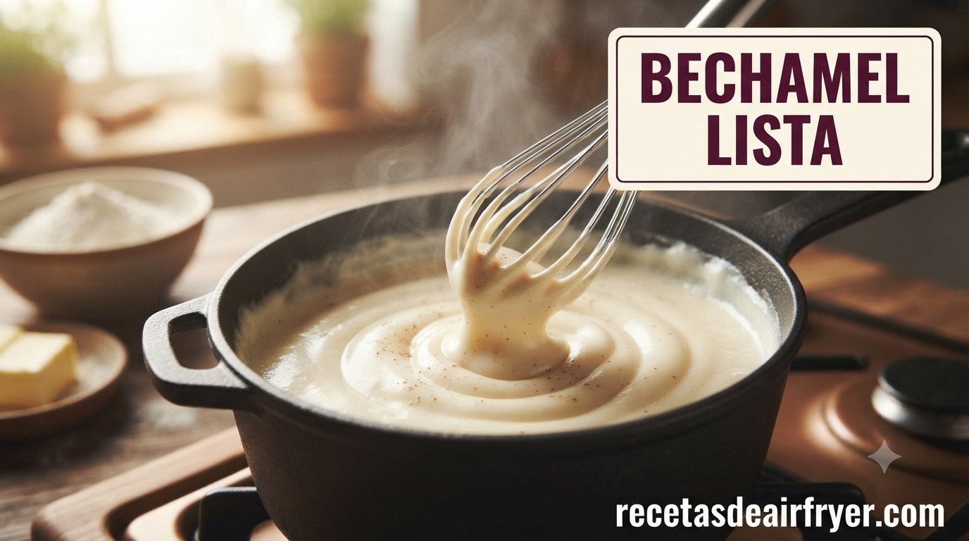Bechamel espesa en una cazuela con varillas, textura cremosa para croquetas caseras
