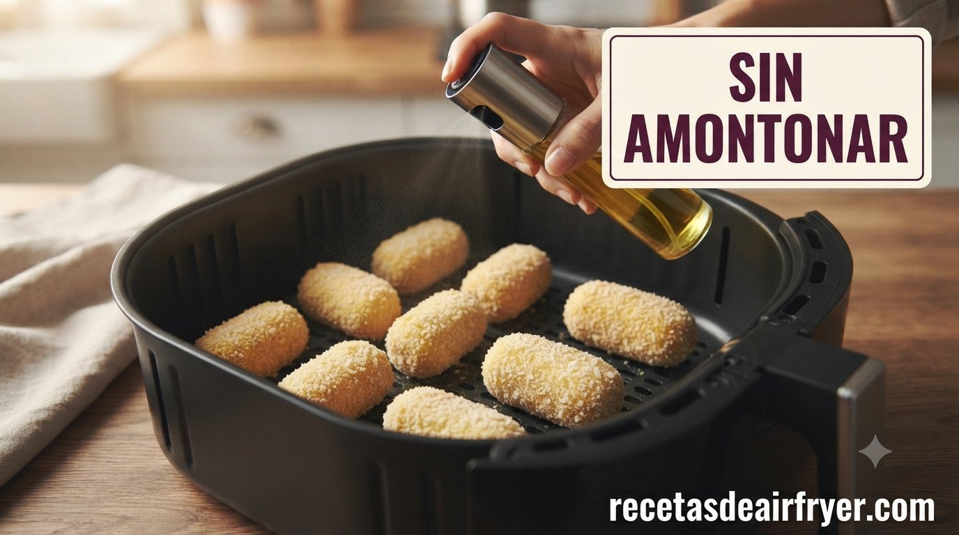 Cesta de la freidora de aire con las croquetas caseras colocadas en una sola capa, con spray de aceite