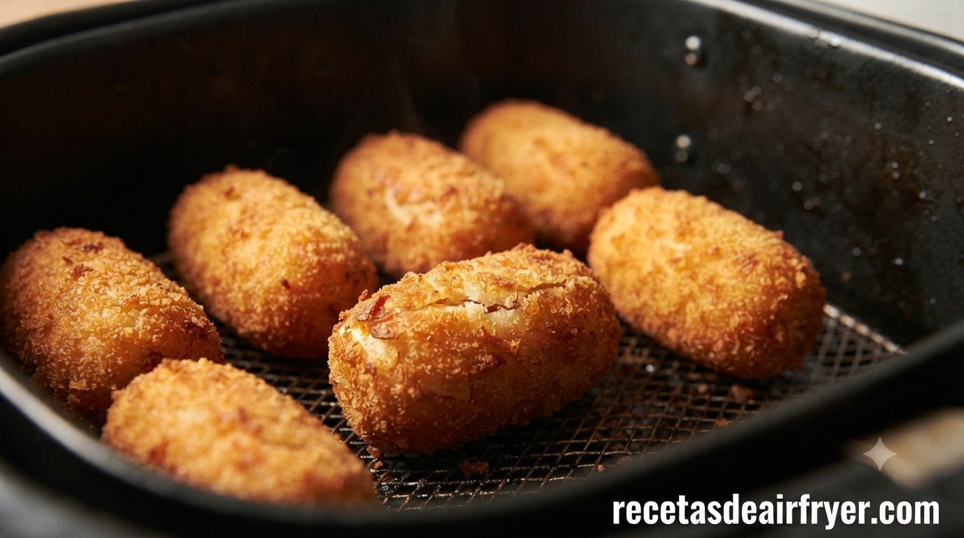 Croquetas caseras doradas y crujientes recién sacadas de la freidora de aire
