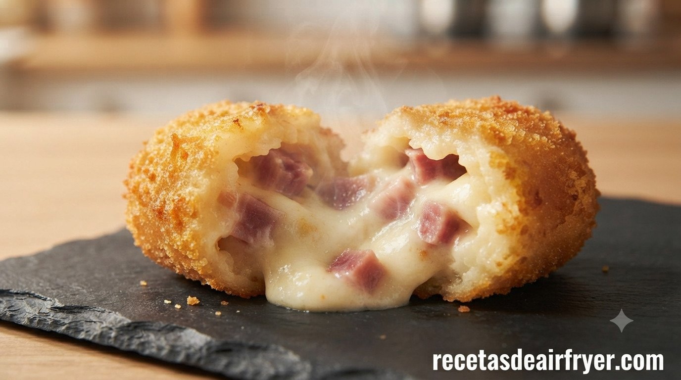 Croqueta casera partida por la mitad mostrando el interior cremoso de bechamel con jamón