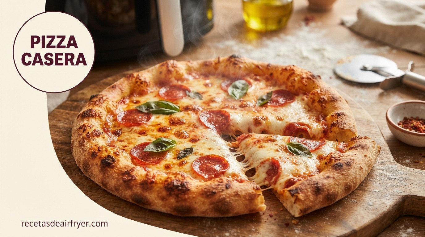 Pizza casera en freidora de aire recién hecha con queso fundido y borde dorado, porción cortada