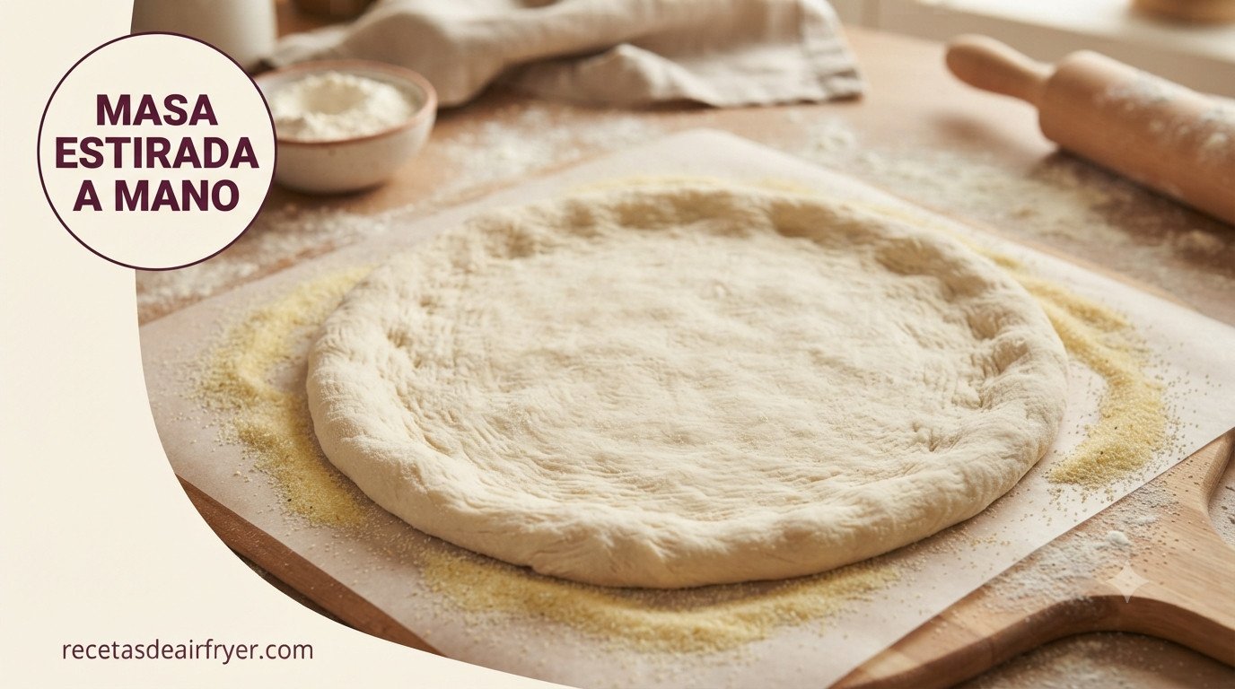 Masa de pizza casera estirada a mano sobre papel espolvoreado con sémola, antes de cocinar
