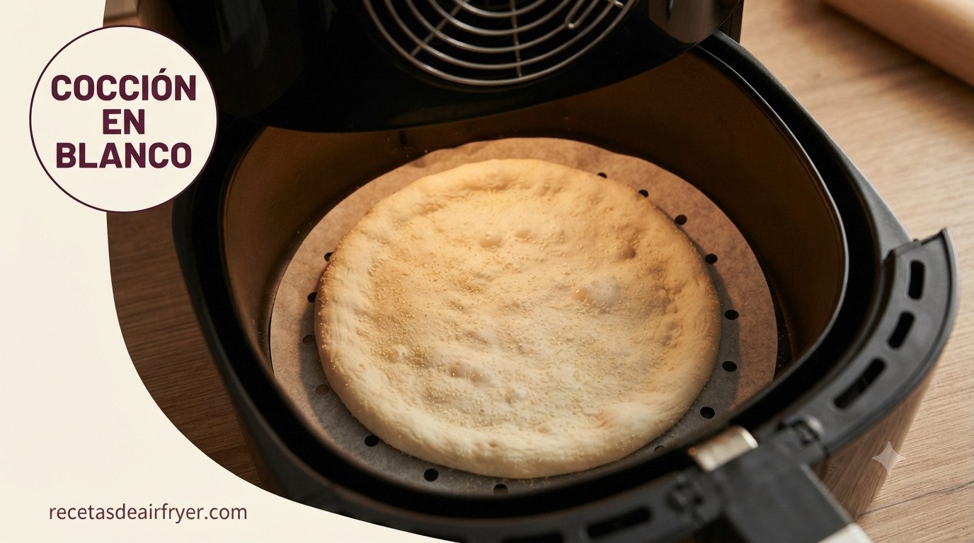 Base de pizza sola, sin ingredientes, dentro de la cesta de la freidora de aire en su primera cocción