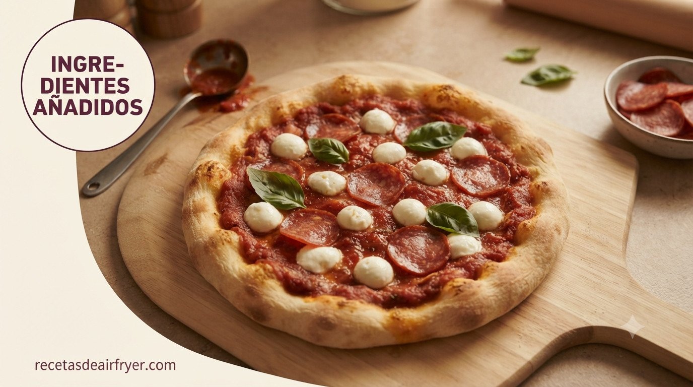Base de pizza precocinada con salsa de tomate, mozzarella e ingredientes recién añadidos, antes de la segunda cocción