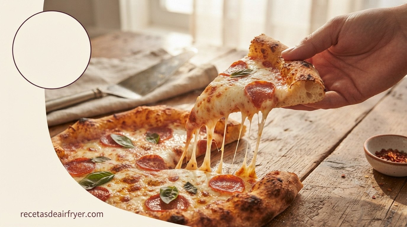Porción de pizza casera servida con hilo de queso al levantarla, mesa de madera