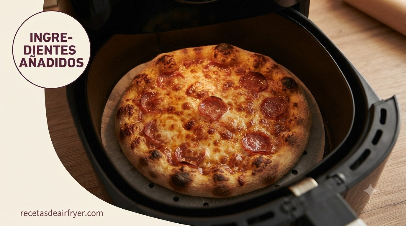 Pizza casera dorada y con el queso fundido, recién sacada de la freidora de aire