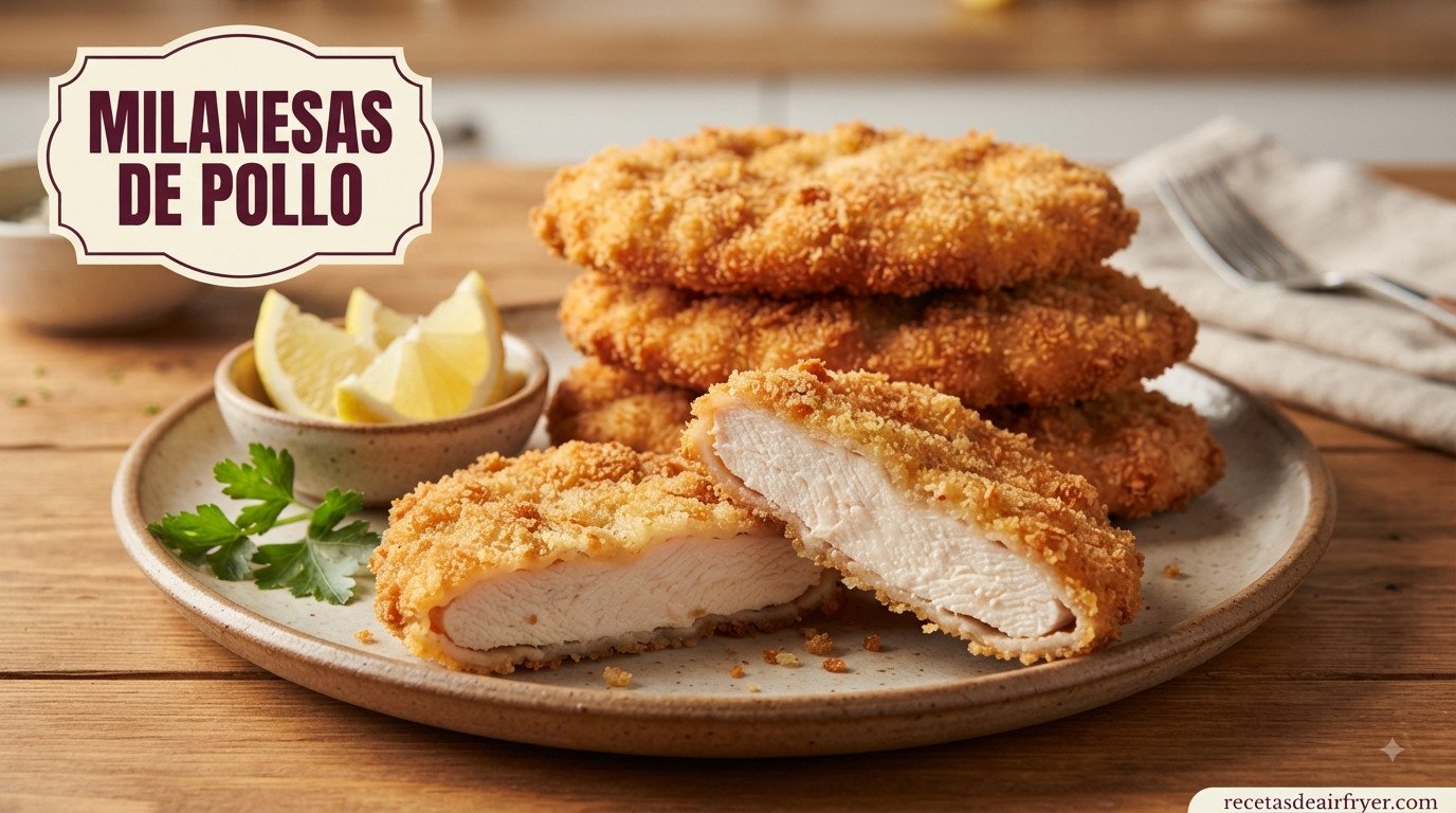 Milanesas de pollo en freidora de aire doradas y crujientes apiladas en plato, corte mostrando el interior jugoso