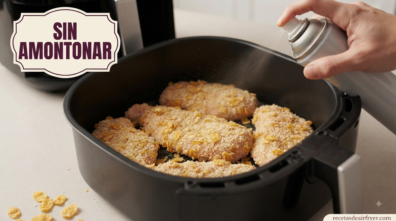 Cesta de la freidora de aire con las milanesas de pollo colocadas en una sola capa, con spray de aceite