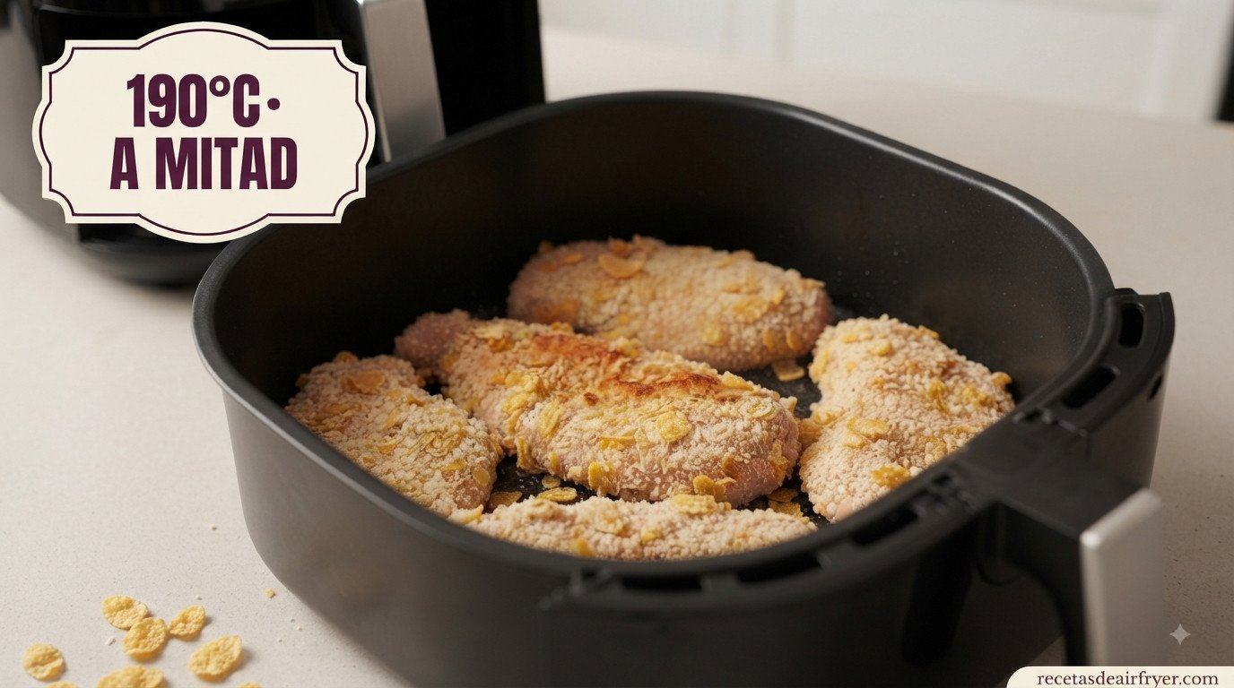 Milanesas de pollo a mitad de cocción, doradas por un lado, dentro de la freidora de aire
