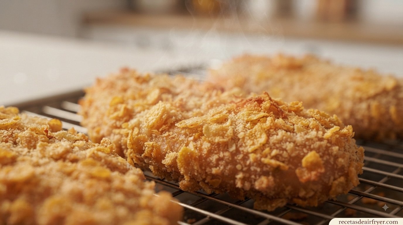 Milanesas de pollo doradas y crujientes recién sacadas de la freidora de aire