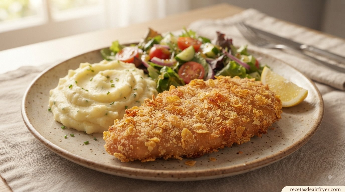 Milanesa de pollo servida con puré de patatas y ensalada, plato completo