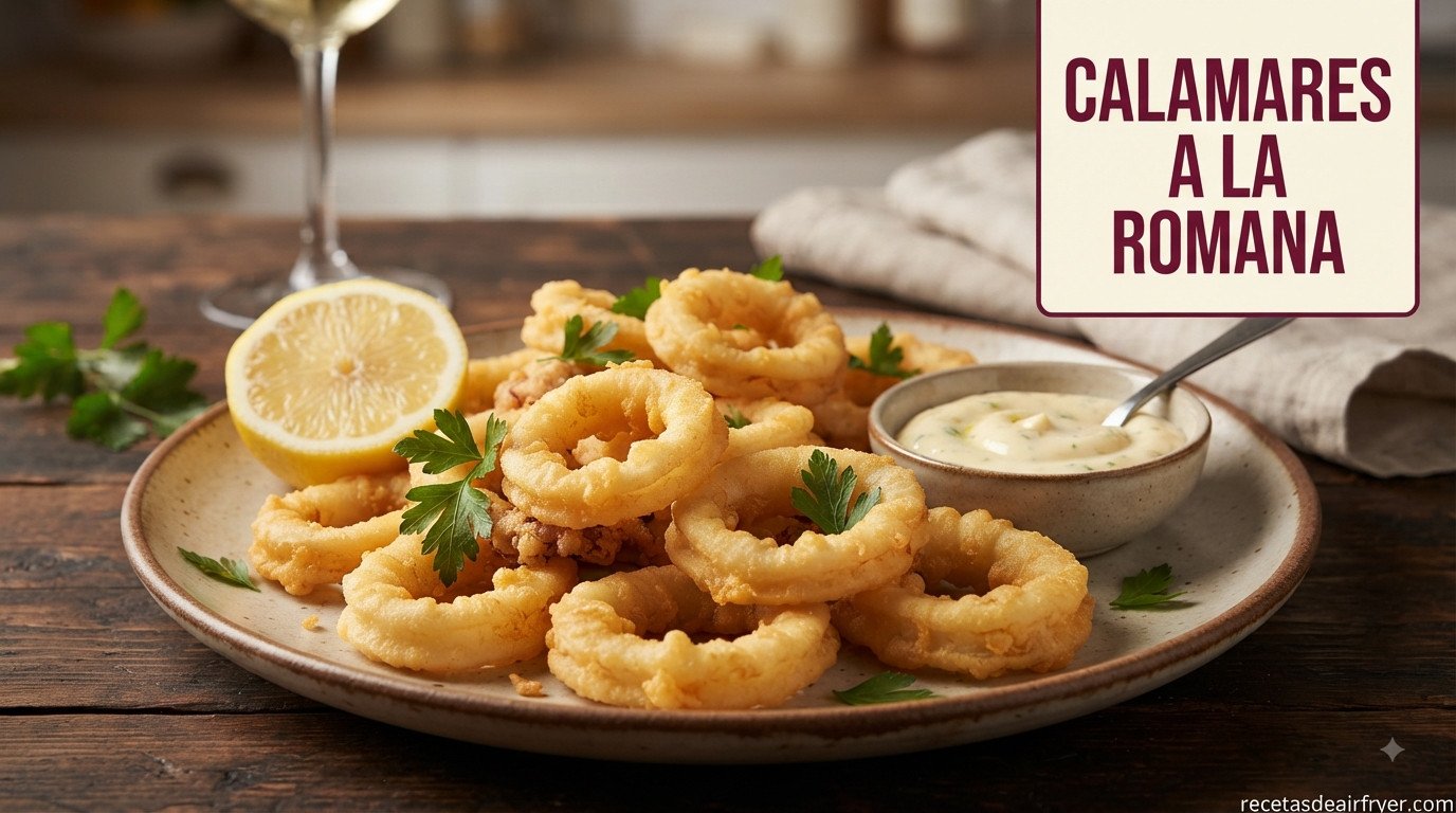 Calamares a la romana en freidora de aire dorados y crujientes servidos con limón y alioli