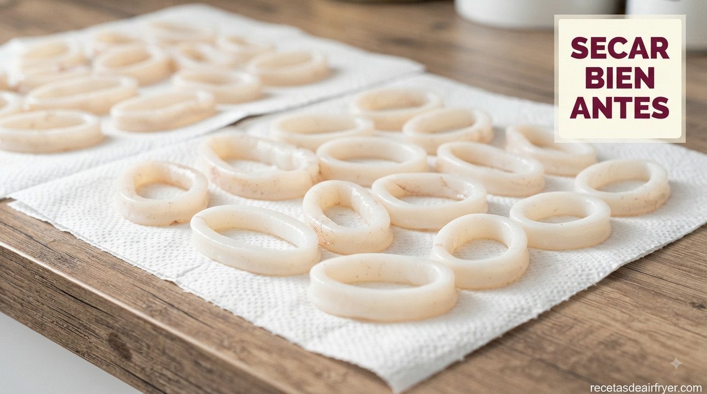 Aros de calamar crudos secándose sobre papel de cocina antes de rebozar