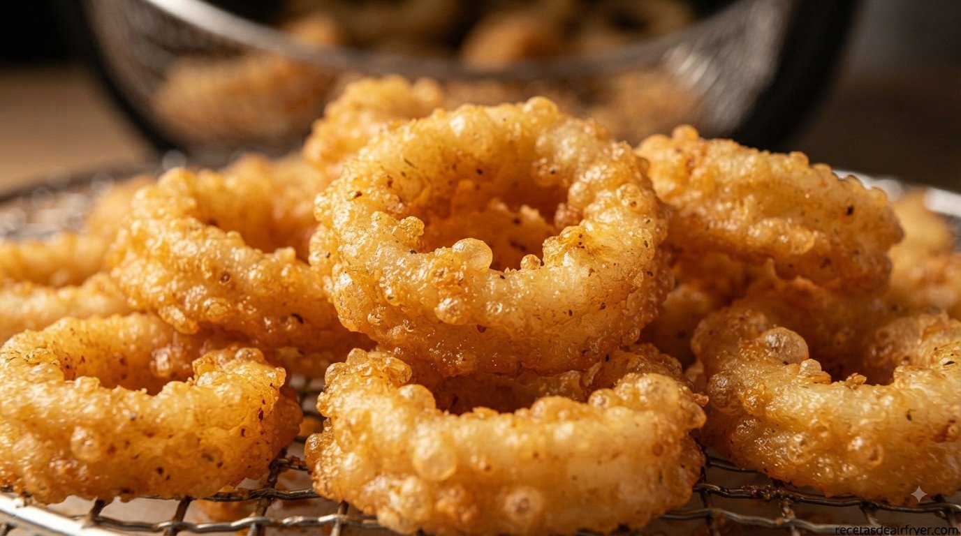 Calamares a la romana dorados y crujientes recién sacados de la freidora de aire