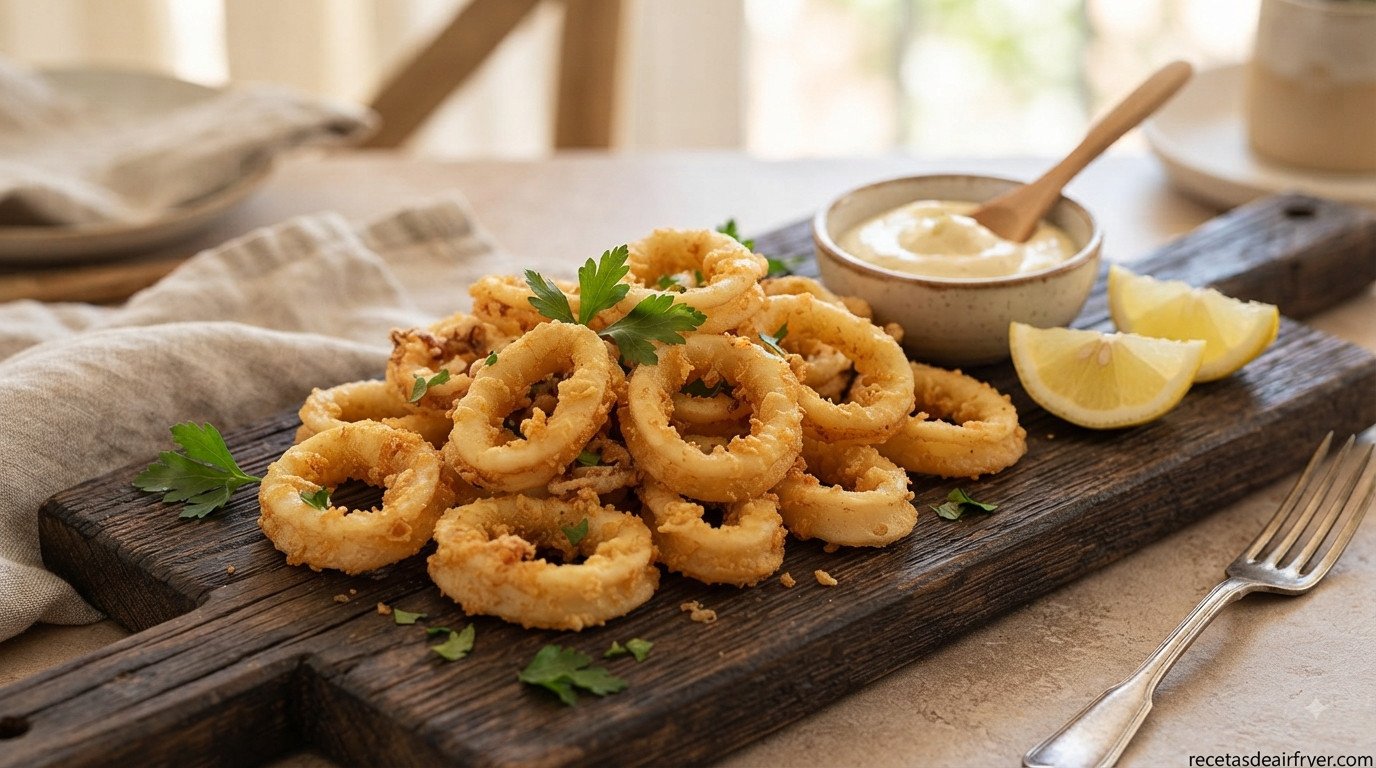 Calamares a la romana servidos con alioli casero y rodajas de limón