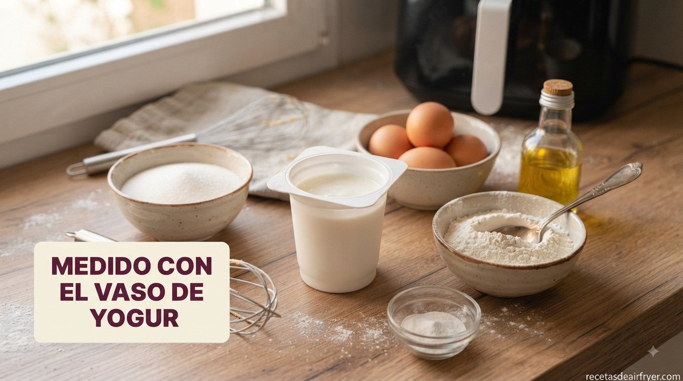 Vaso de yogur vacío usado como medida junto a huevos, azúcar, harina y aceite sobre encimera
