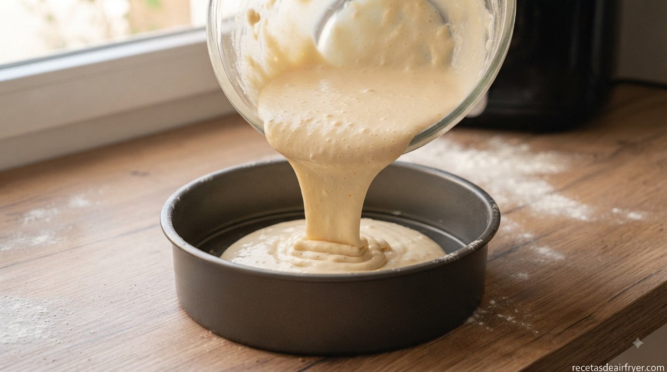 Masa de bizcocho de yogur vertida en molde apto para freidora de aire, textura homogénea