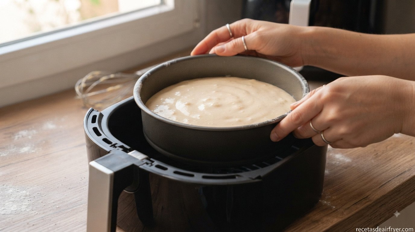 Molde con la masa de bizcocho de yogur dentro de la cesta de la freidora de aire, antes de cocinar