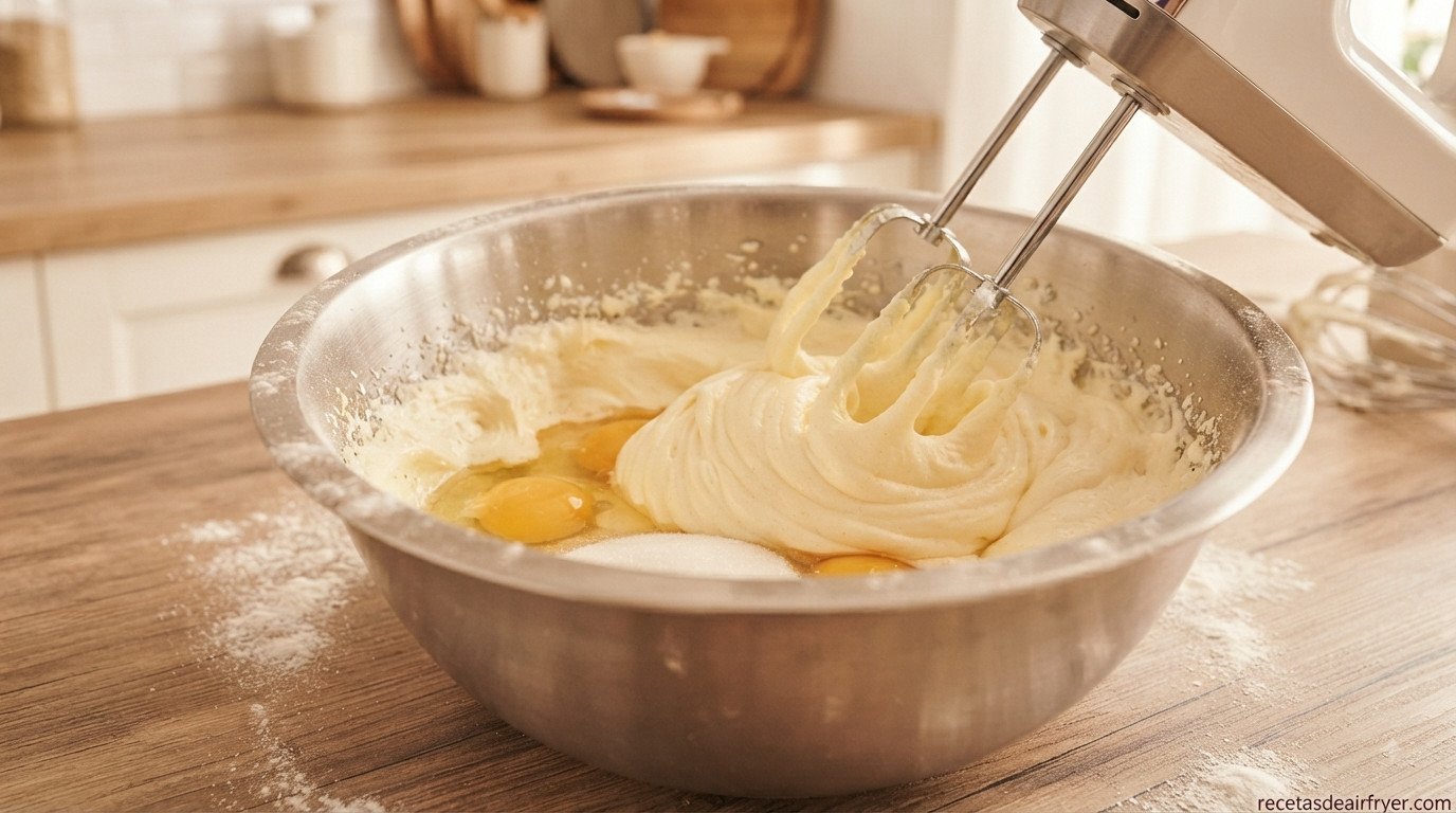 Huevos y azúcar batidos hasta blanquear y triplicar volumen en un bol grande