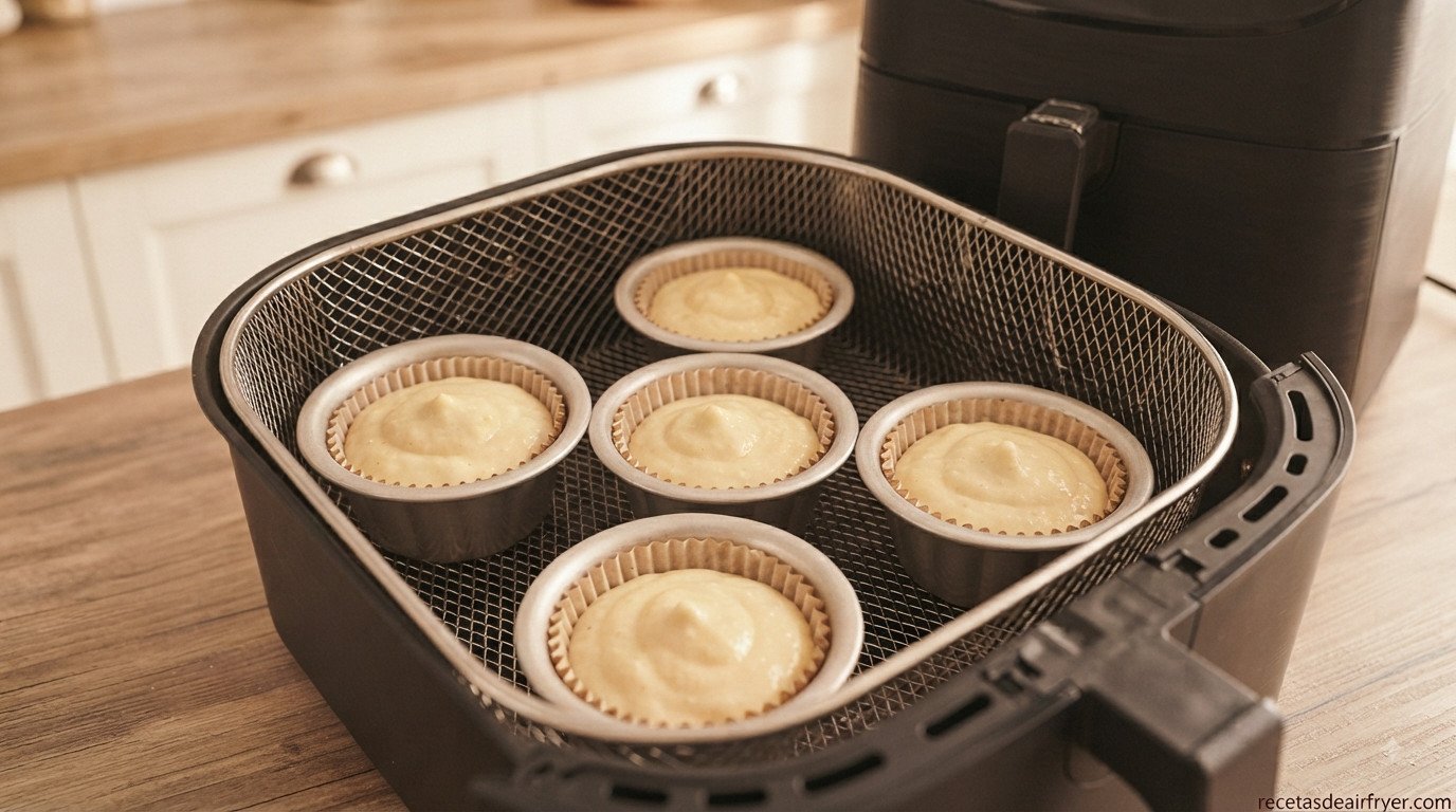 Moldes de magdalenas colocados en la cesta de la freidora de aire, sin tocarse entre sí