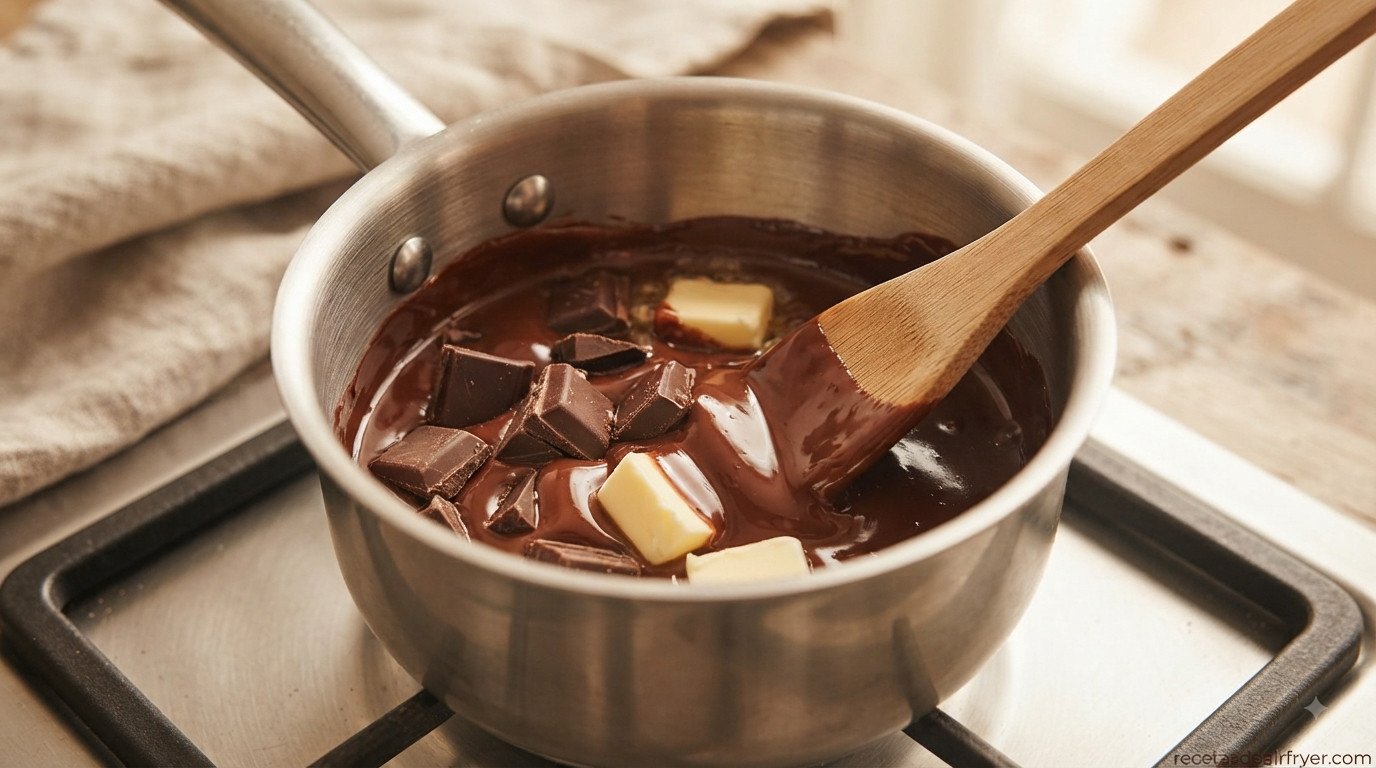 Chocolate negro y mantequilla derritiéndose juntos para preparar brownies
