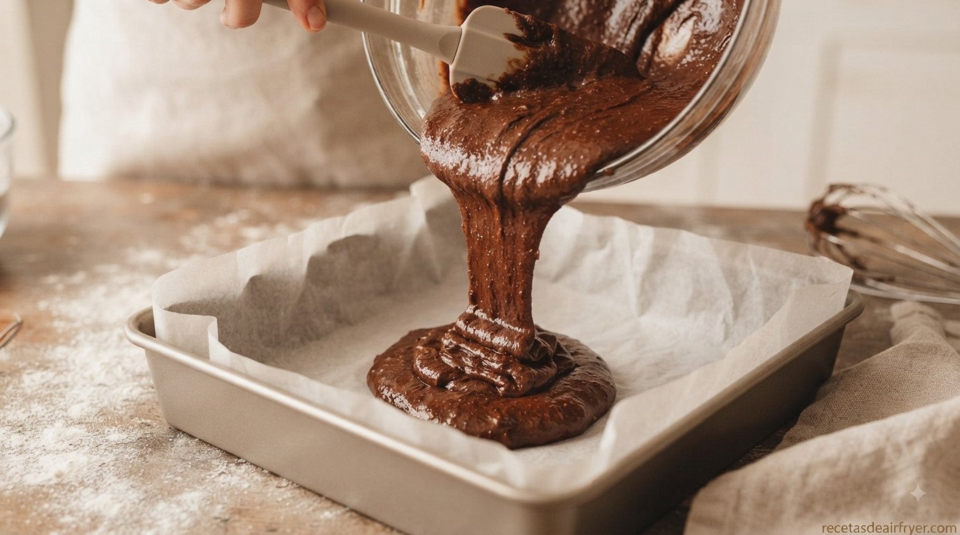 Masa de brownie de chocolate preparada y lista para colocar en el molde de la freidora de aire