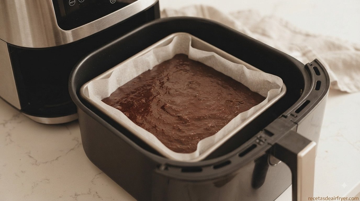 Molde with brownie dentro de la cesta de la freidora de aire durante la cocción