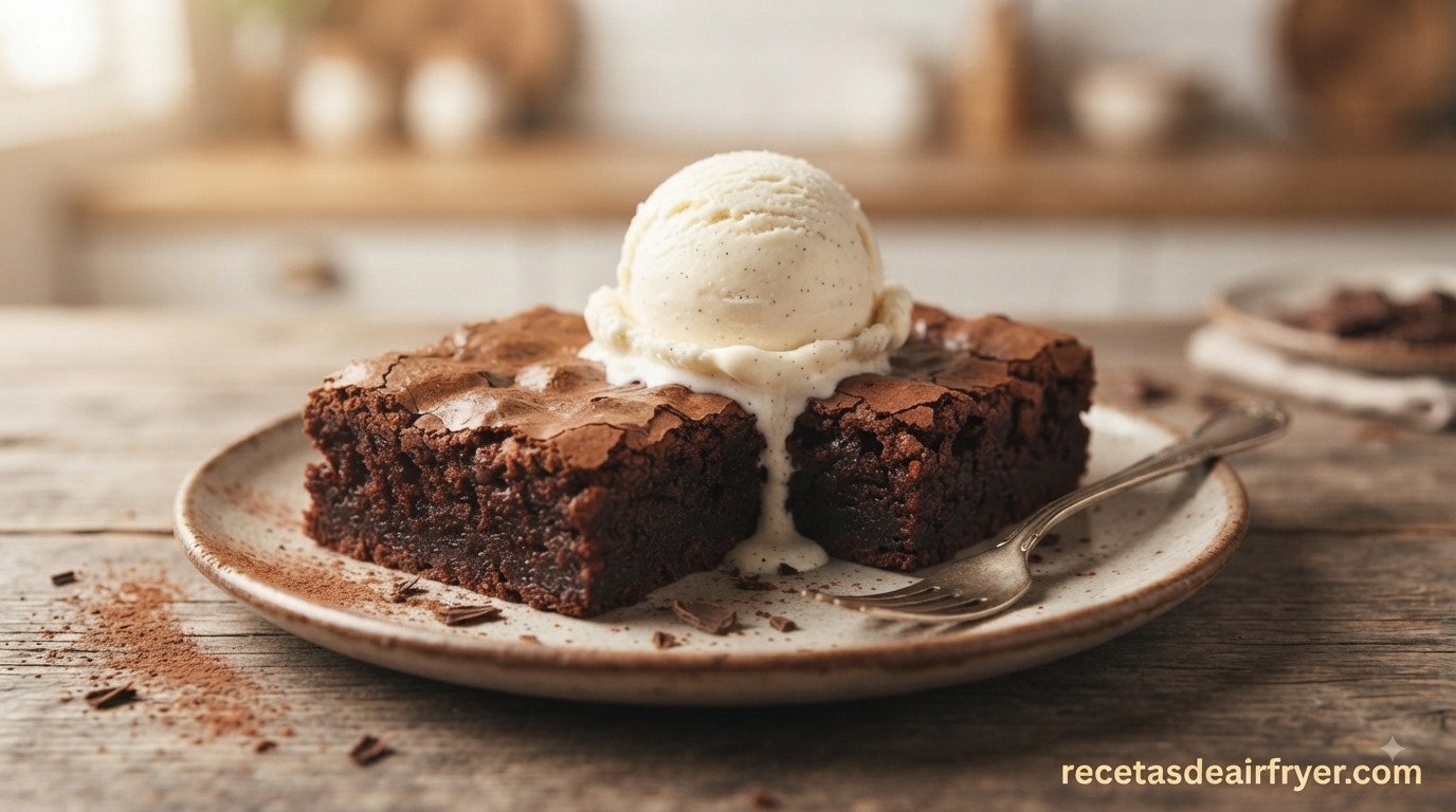 Brownies de chocolate cortados en cuadrados y servidos con una bola de helado de vainilla