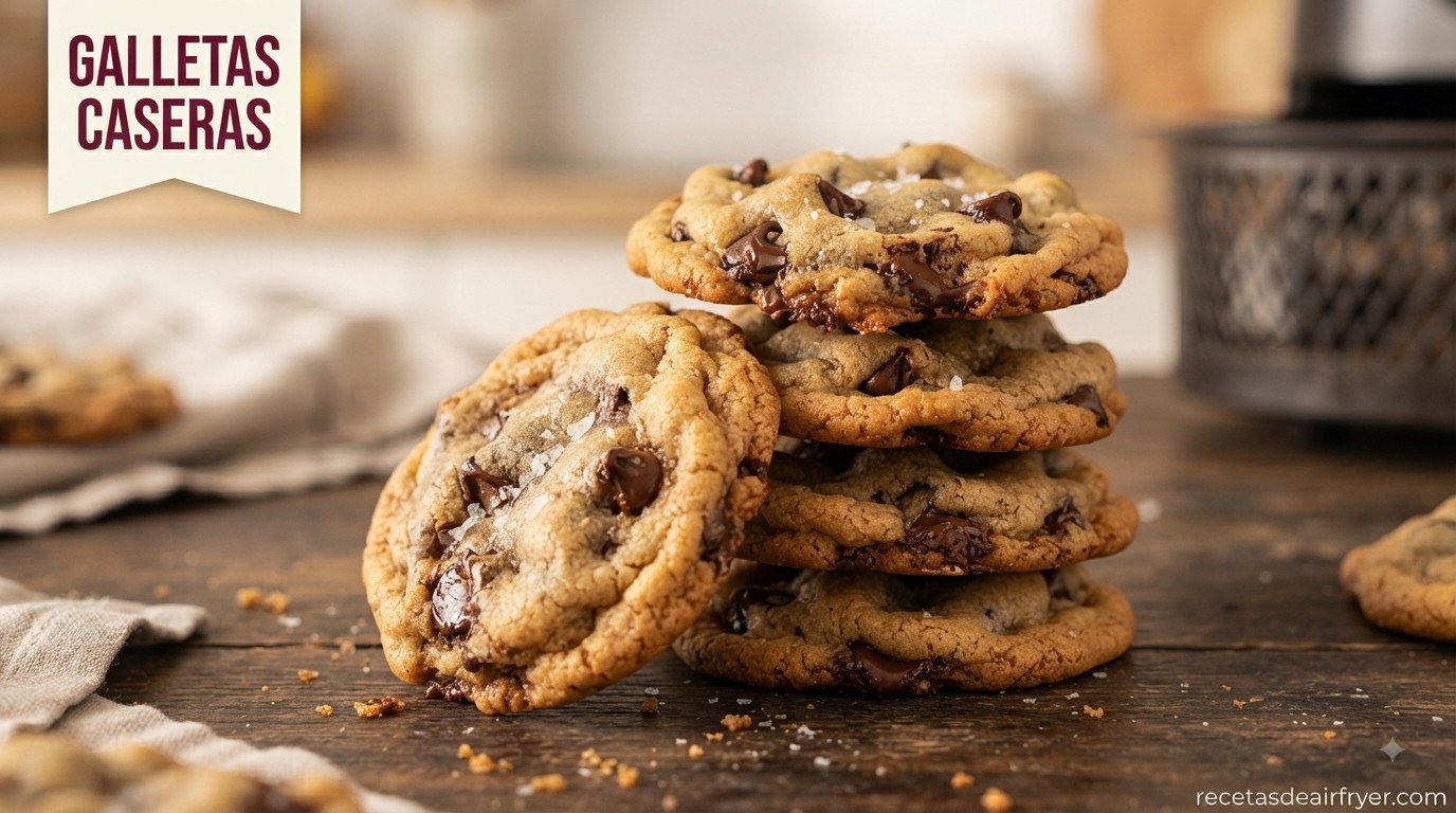 Galletas con pepitas de chocolate doradas y crujientes en freidora de aire, apiladas