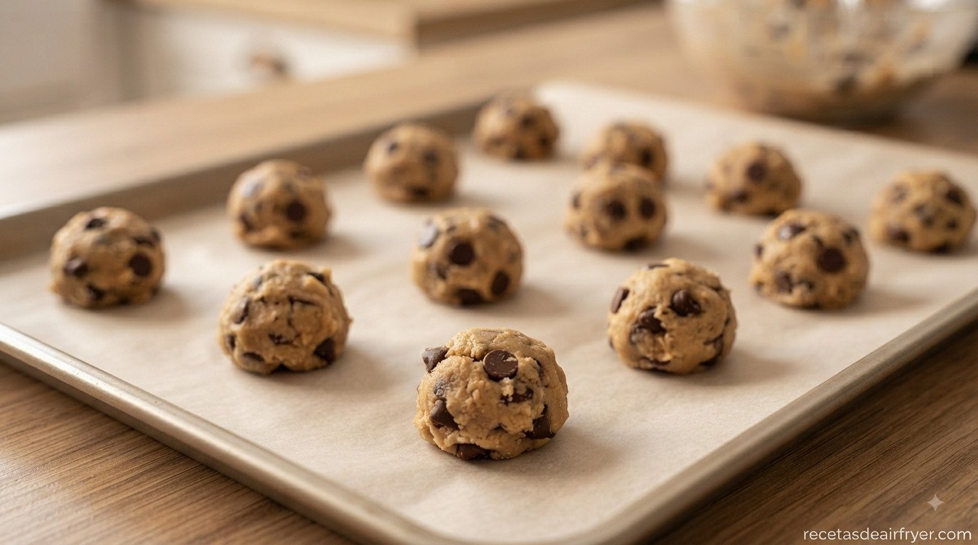Masa de galletas con pepitas de chocolate formada en bolitas sobre papel de horno, antes de refrigerar