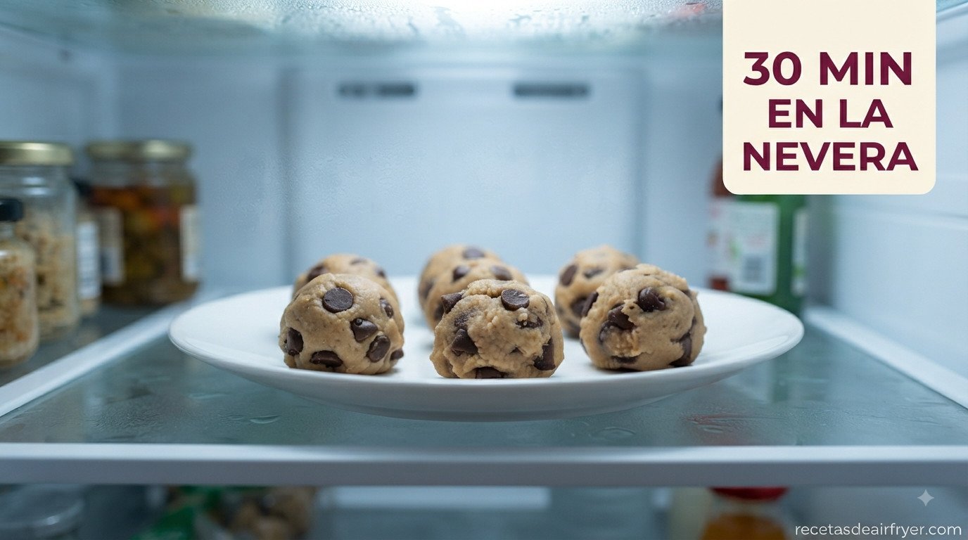 Bolitas de masa de galleta refrigerándose en un plato dentro de la nevera