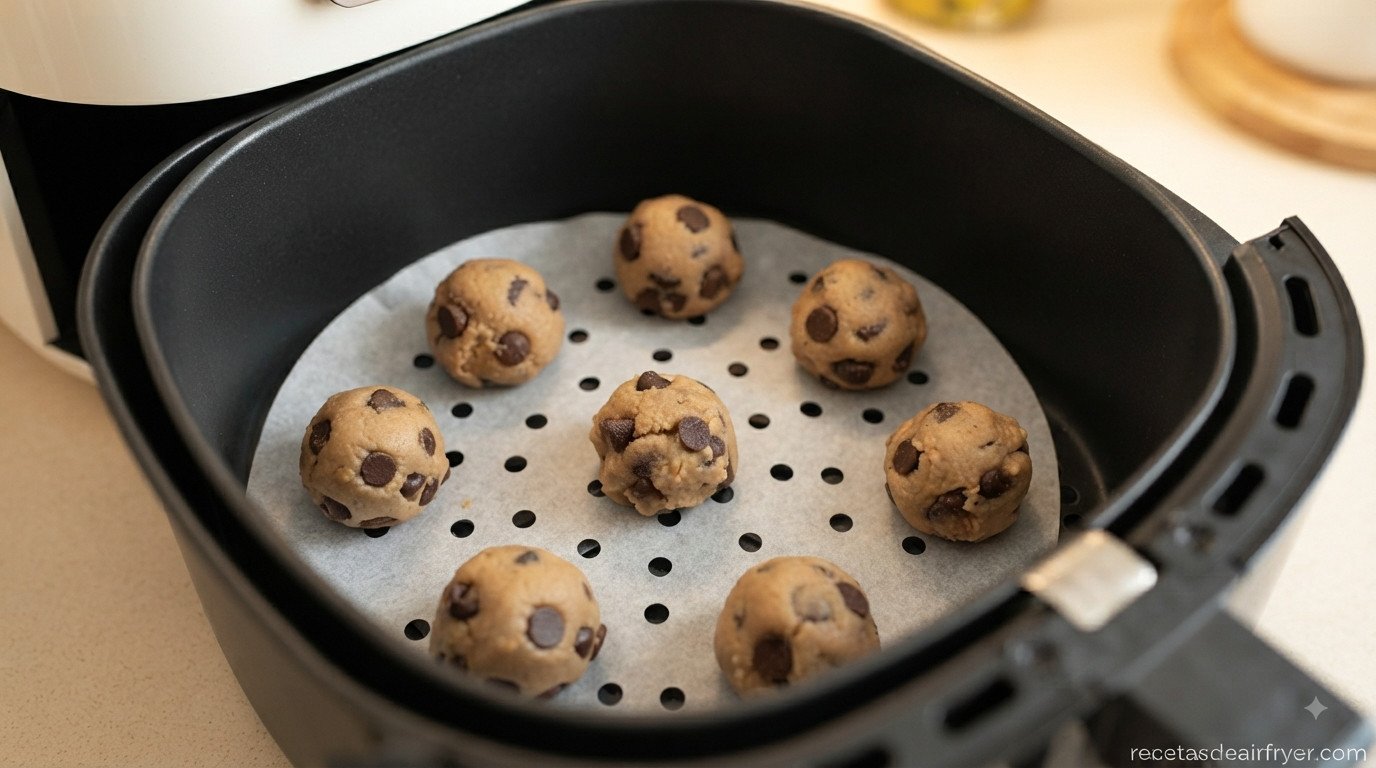 Bolitas de masa colocadas en la cesta de la freidora de aire, con espacio entre ellas
