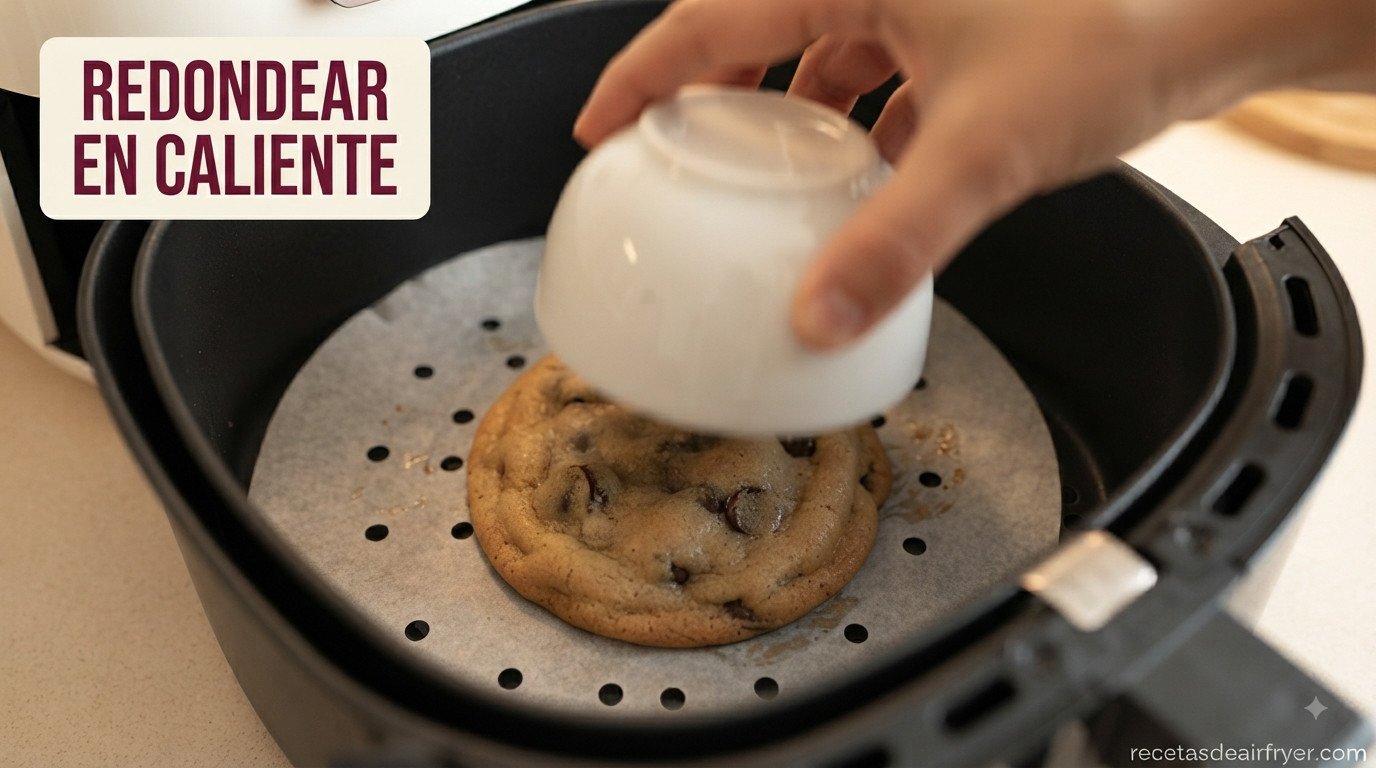 Galleta recién sacada de la freidora de aire, todavía blanda, siendo redondeada con un bol invertido