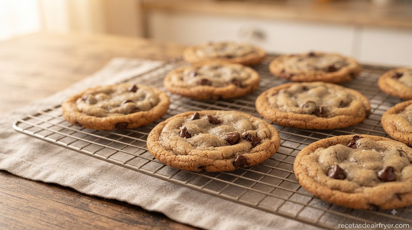 Galletas enfriándose sobre una rejilla, textura dorada y crujiente visible