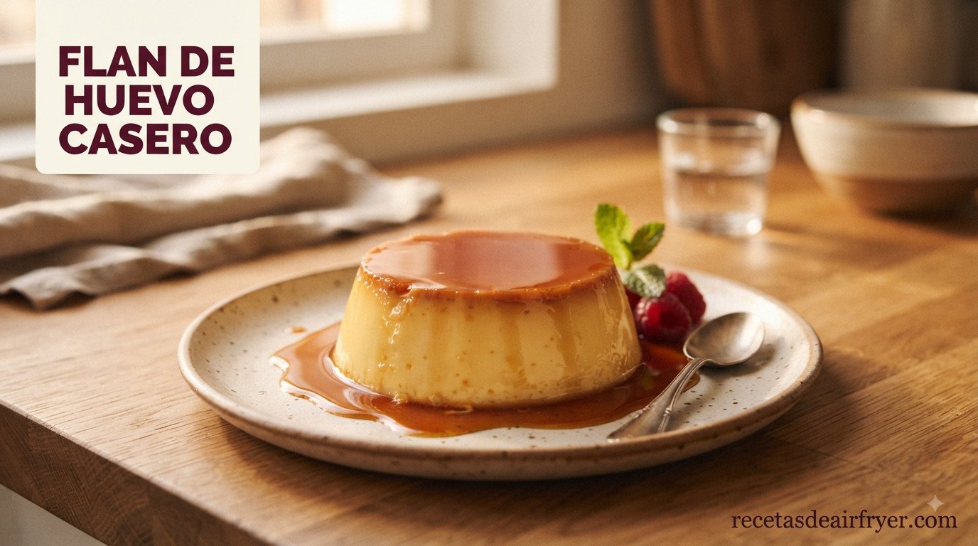 Flan de huevo casero en freidora de aire desmoldado con caramelo líquido cayendo por los lados