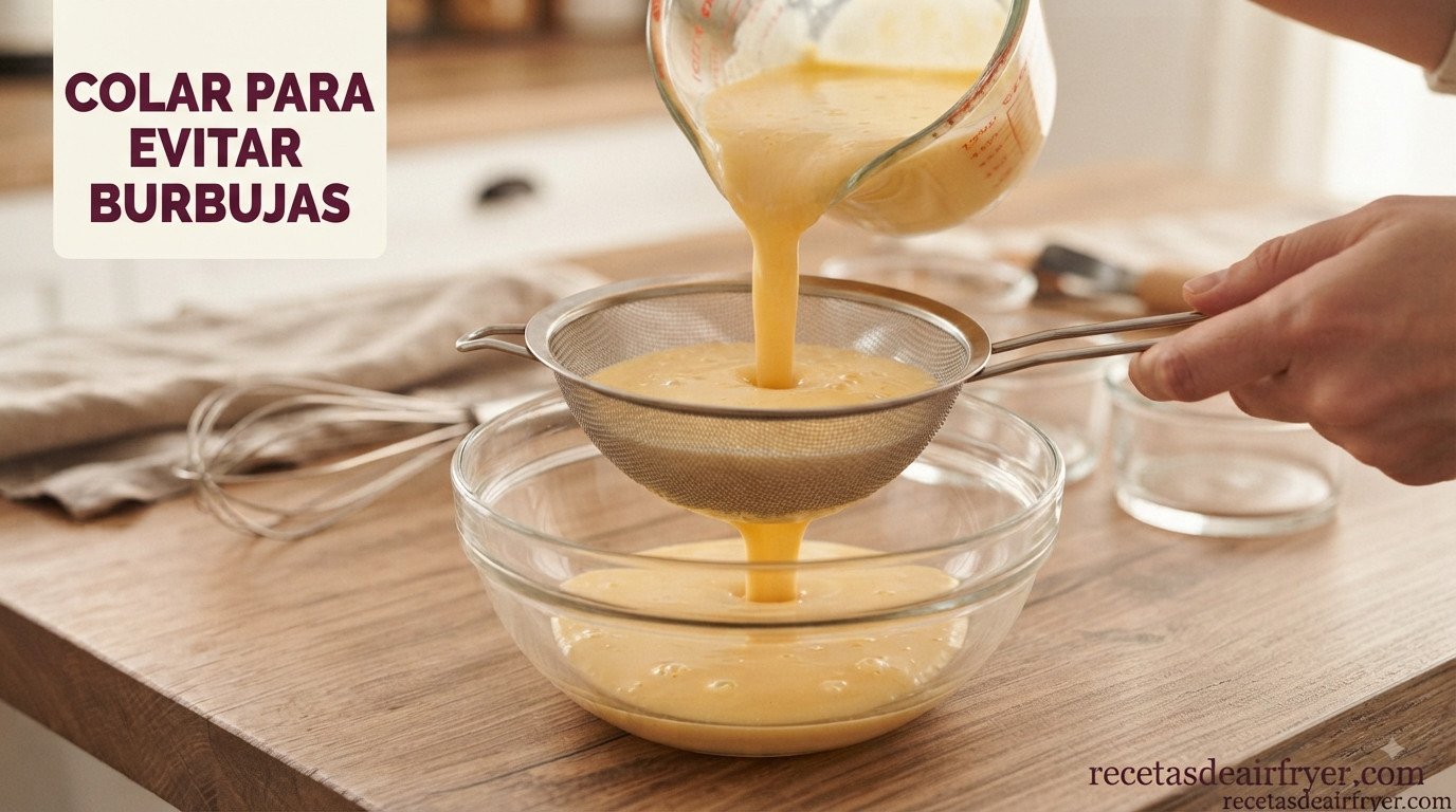 Mezcla de huevo, leche y azúcar siendo colada con un colador fino antes de rellenar los moldes