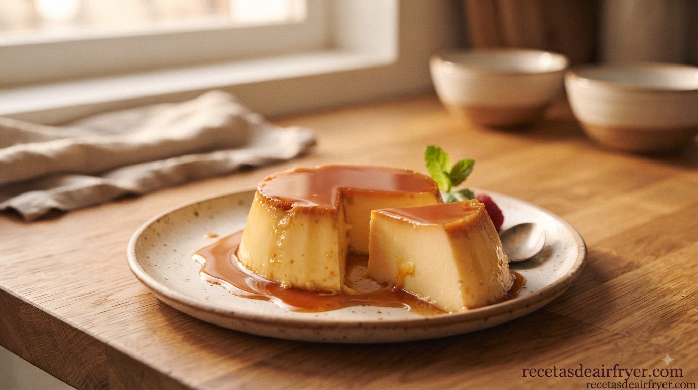Flan de huevo desmoldado sobre plato, corte mostrando la textura cremosa interior