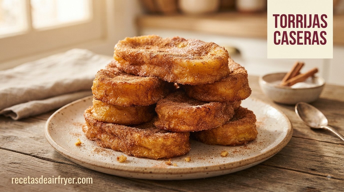 Torrijas caseras en freidora de aire doradas, espolvoreadas con azúcar y canela, apiladas en plato