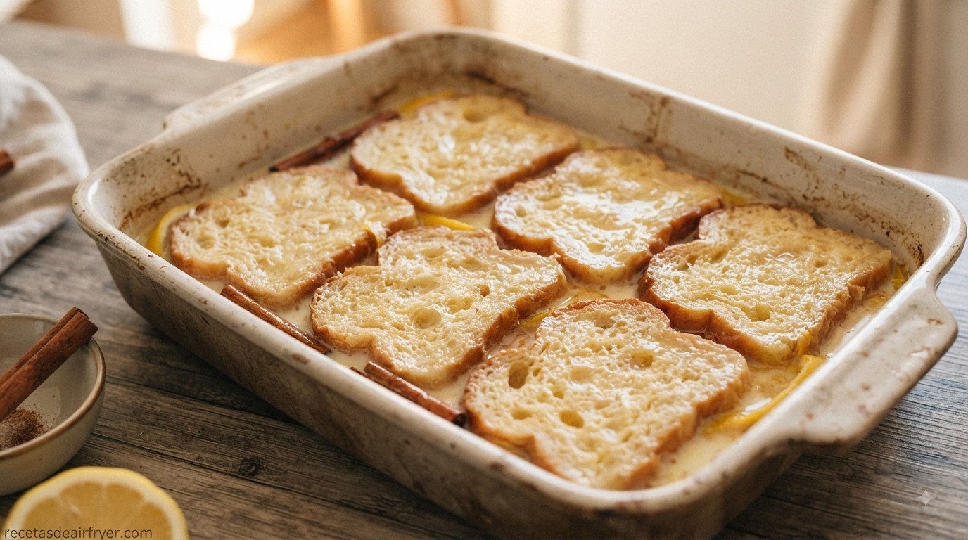 Rebanadas de pan especial para torrijas en remojo dentro de una fuente con leche