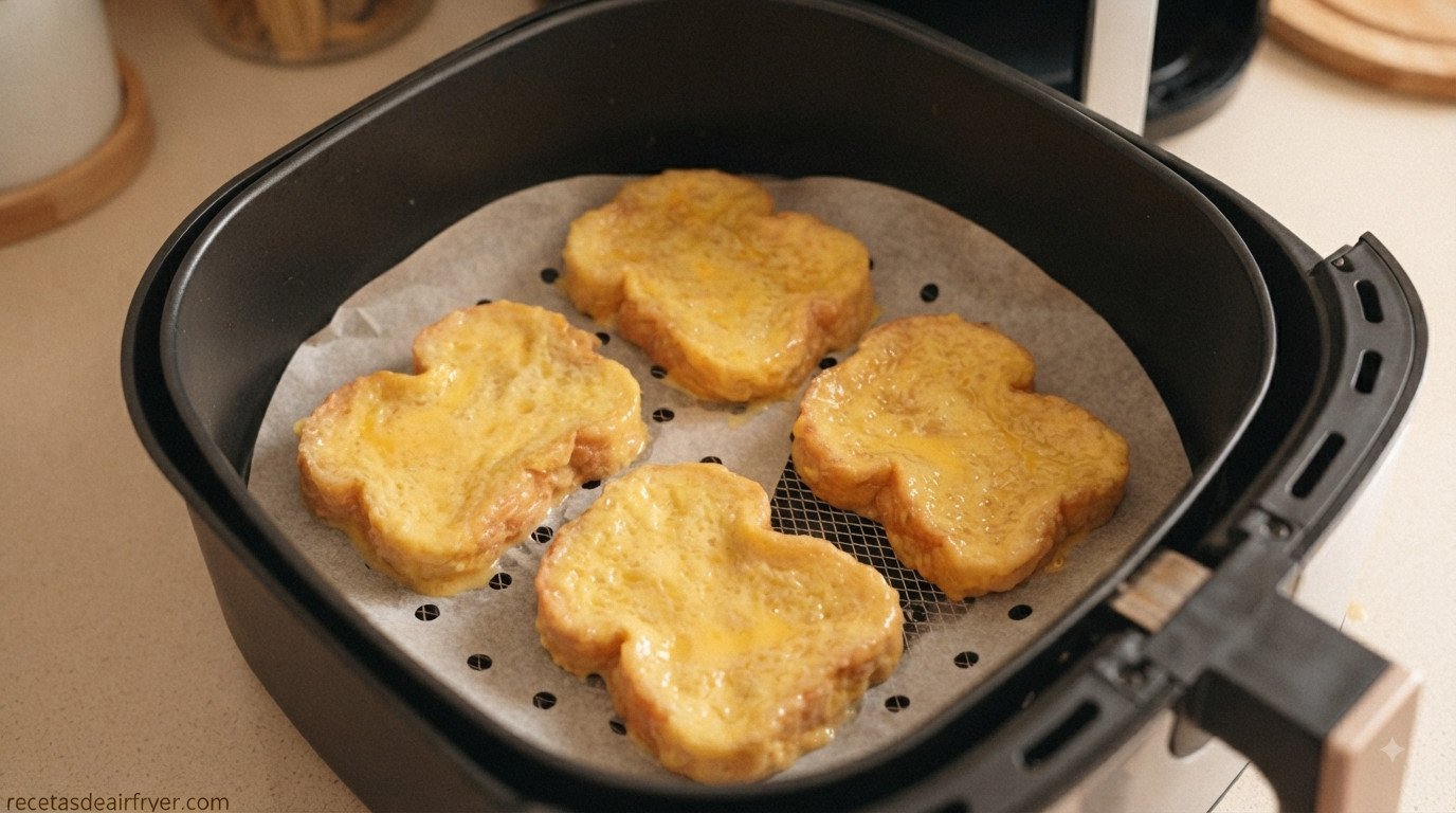 Torrijas colocadas en la cesta de la freidora de aire sobre papel de horno, sin tocarse entre sí