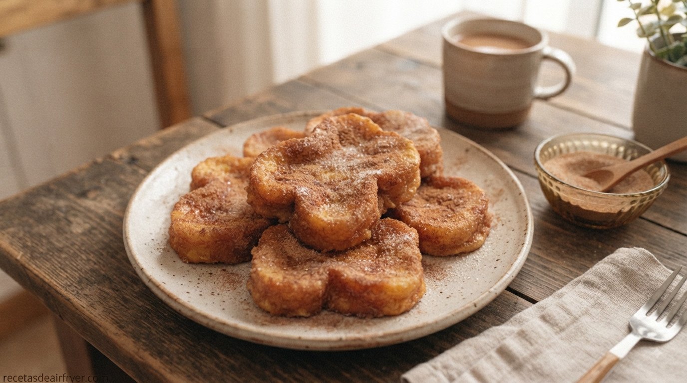 Torrijas espolvoreadas con azúcar y canela servidas en mesa