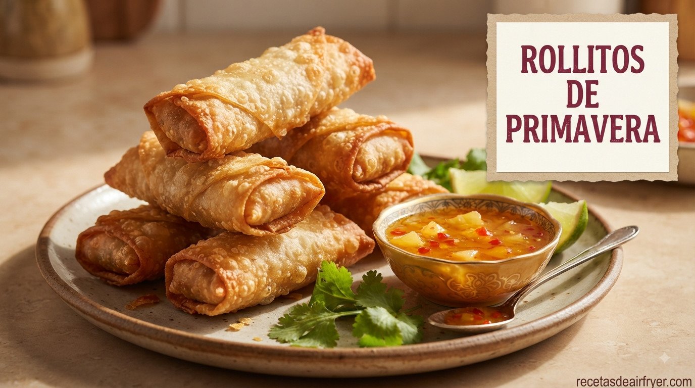 Rollitos de primavera en freidora de aire dorados y crujientes apilados, con salsa agridulce