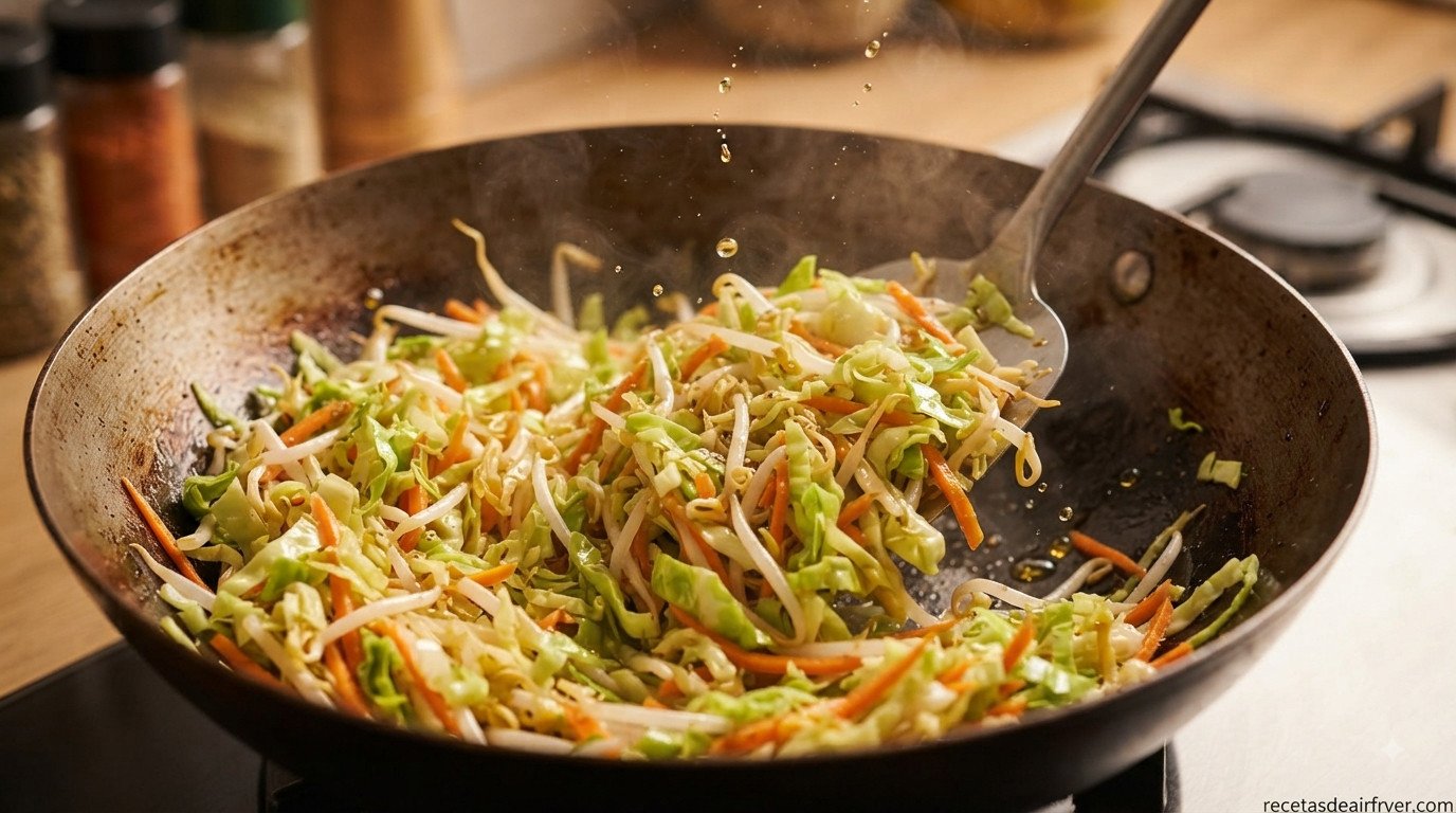 Verduras en juliana salteándose en sartén con aceite de sésamo para el relleno de rollitos de primavera
