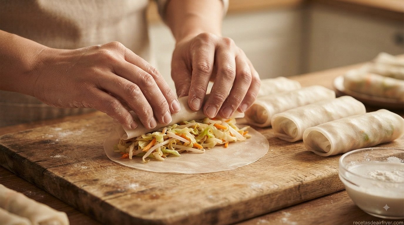 Manos enrollando el relleno de verduras en obleas de pasta filo sobre tabla de madera