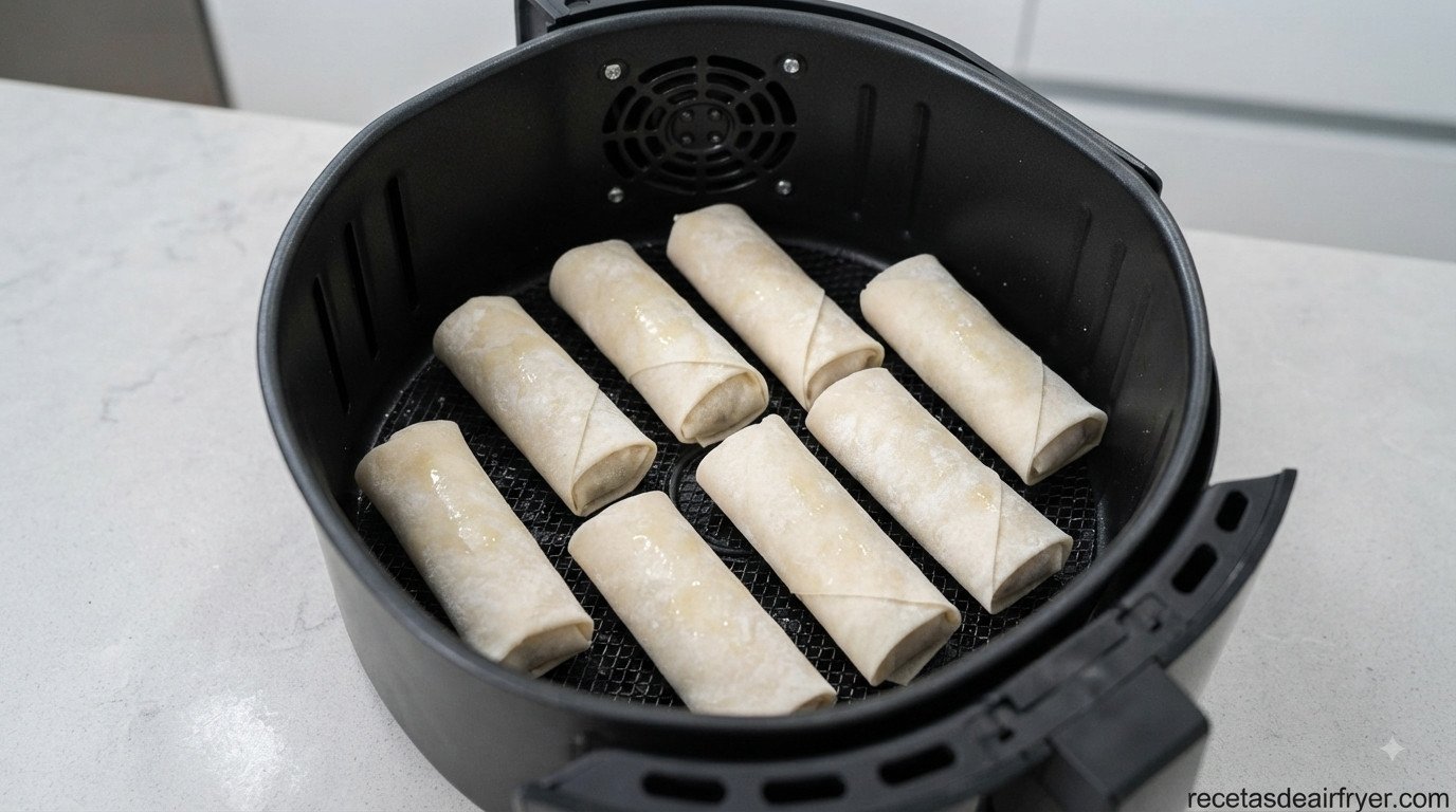 Rollitos de primavera crudos colocados en la cesta de la freidora de aire, con espacio entre ellos