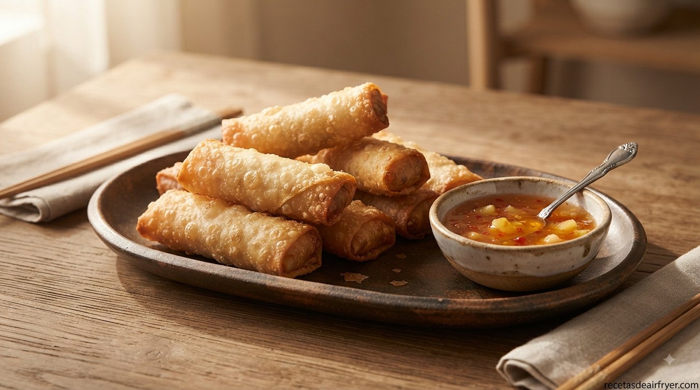 Rollitos de primavera servidos en mesa con cuenco de salsa agridulce para mojar