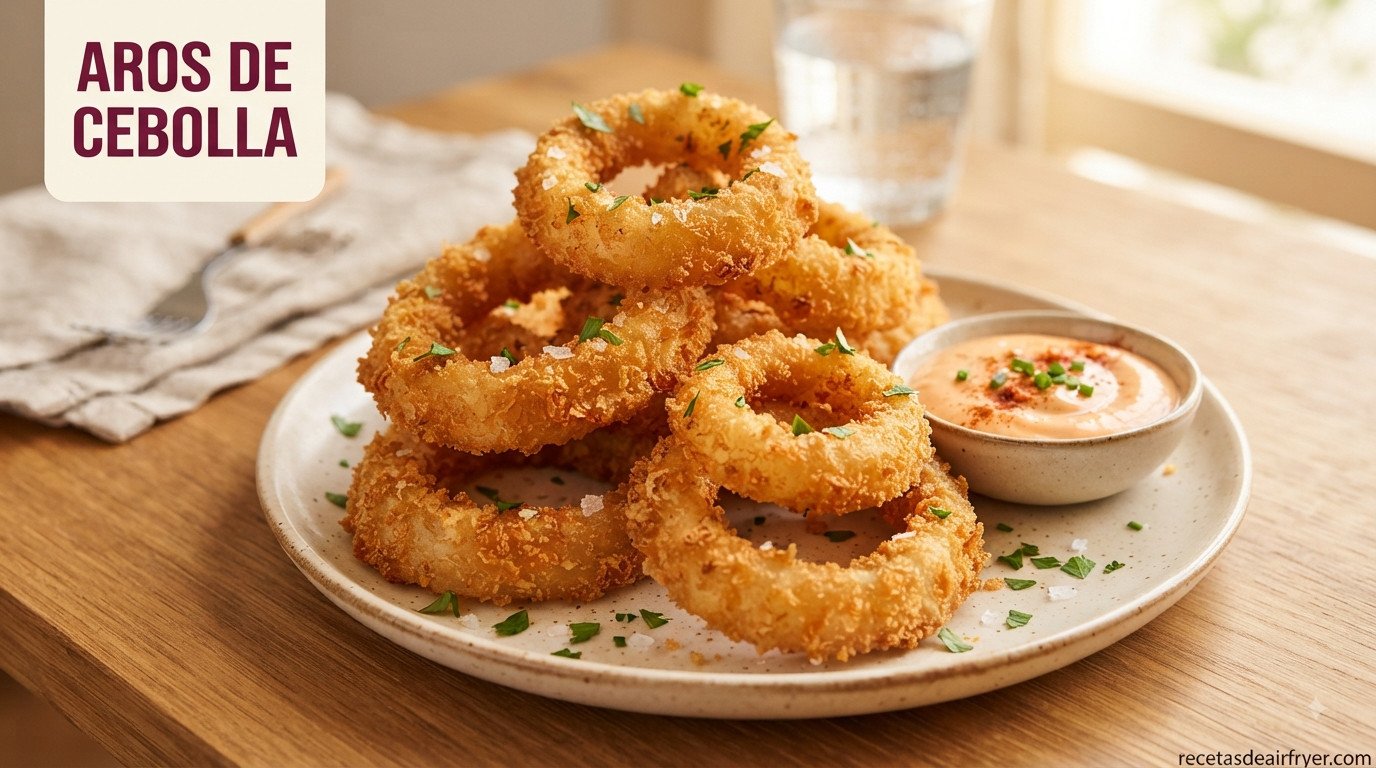 Aros de cebolla en freidora de aire dorados y crujientes apilados en plato, con salsa para mojar