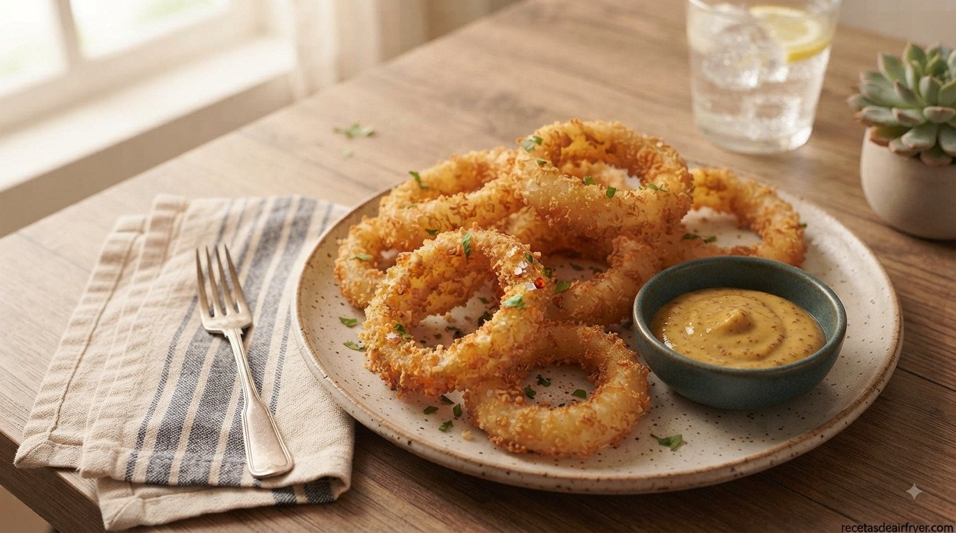 Aros de cebolla servidos en mesa con salsa de mostaza y miel para mojar